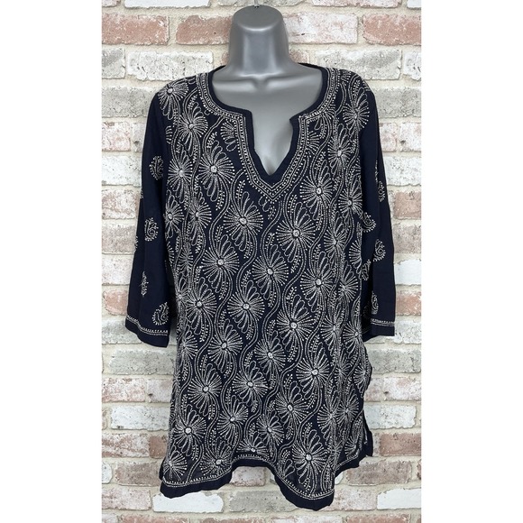 Gretchen Scott Designs Tops - Gretchen Scott Designs Navy & White Embroidered Tunic Top Sz M Beach Resortwear